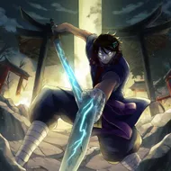 Anime-style taste. Susanoo in battle. A scene of him about to slash with a sword. The sword is glowing pale blue. His expression is fierce. The background is an abandoned shrine, and the background tone is dark.