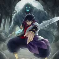 Anime-style taste. Susanoo in battle. A scene of him about to slash with a sword. The sword is glowing pale blue. His expression is fierce. The background is an abandoned shrine, and the background tone is dark.