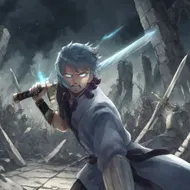 A battle scene. The sword is glowing pale blue. The expression is furious. The background is ruins.