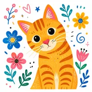 花叢中的暖橘色小貓插畫