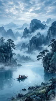 雲山江影：靜謐的水墨山水遠景