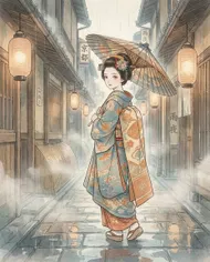 京都雨夜情懷：撐傘藝妓