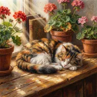 陽光下的午睡貓咪與天竺葵