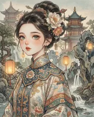 古風佳人：牡丹錦繡與亭台樓閣