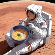 a man eating ramen on Mars