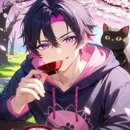 桜舞う庭での不敵な一献：黒猫と青年