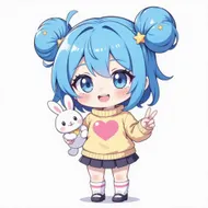 星空藍髮的可愛Q版女孩與小白兔夥伴