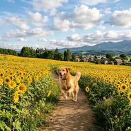 夏日向日葵花海中的黃金獵犬：溫馨田園午后