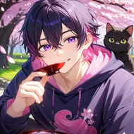 桜舞う中の不敵な美青年と黒猫の晩酌