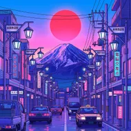 蒸氣波富士：霓虹街頭的復古夢境