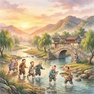 溪戲魚圖:古韻童趣夕陽下