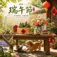 端午祥瑞：庭院粽香與萌寵嬉戲