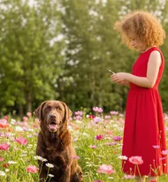 陽光花園中的拉布拉多與女孩