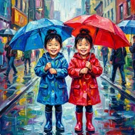 雨中笑顏:三歲雙胞胎的野獸派狂想曲