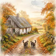 秋日晨光下的溫馨家園與歸巢小貓