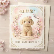 櫻花漫舞：可愛貴賓犬療癒系生日卡片