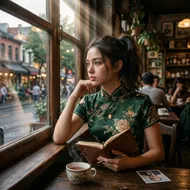 窗前的思念：凝望遠方的旗袍少女
