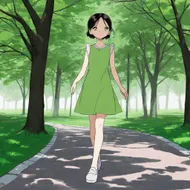 a girl, wearing green dress walking in the park