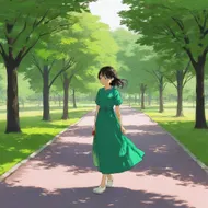 a girl, wearing green dress walking in the park