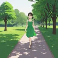 a girl, wearing green dress walking in the park