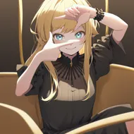 masterpiece, best quality, highres, 1girl blonde hair, white shirt black dress, smile 