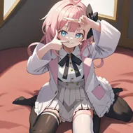 masterpiece, best quality, highres, 1girl anisphia ahoge hair ribbon, pink skirt frilled skirt white jacket cropped jacket white shirt white thighhighs frills black bow neck ribbon black ribbon wide sleeves, sitting, wariza, smile