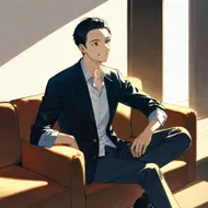 sitting on sofa, looking left side, smile, man