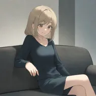 sitting on sofa, looking left side, smile