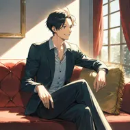 sitting on sofa, looking left side, smile, man