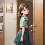 plu girl, in front of the kitchen door