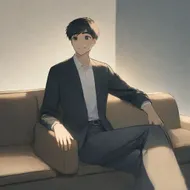 sitting on sofa, looking left side, smile, man