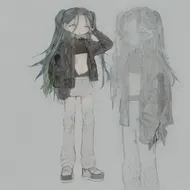 a girl, green eyes, green eyeshadow, sweating, dark blue-green hair with purple inner color, long hair, hair is meesy, frown, black leather jacket, white t-shirt, bring the left hand in front of the face, front view, full body, simple background, white_background