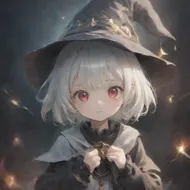 cute, 1girl, solo, early teen, white short hair, red eyes, wizard hat