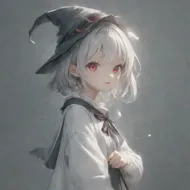 cute, 1girl, solo, early teen, white short hair, red eyes, wizard hat