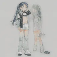 a girl, green eyes, green eyeshadow, sweating, dark blue-green hair with purple inner color, long hair, hair is meesy, frown, black leather jacket, white t-shirt, bring the left hand in front of the face, front view, full body, simple background, white_background