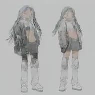 a girl, green eyes, green eyeshadow, sweating, dark blue-green hair with purple inner color, long hair, hair is meesy, frown, black leather jacket, white t-shirt, bring the left hand in front of the face, front view, full body, simple background, white_background