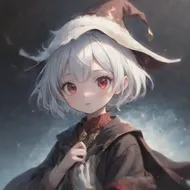 cute, 1girl, solo, early teen, white short hair, red eyes, wizard hat