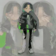 a girl, green eyes, green eyeshadow, sweating, dark blue-green hair with purple inner color, long hair, hair is meesy, frown, black leather jacket, white t-shirt, bring the left hand in front of the face, front view, full body, simple background, white_background