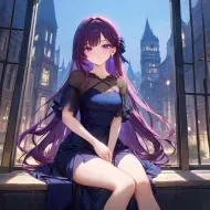 城市夜空下的紫色髮少女