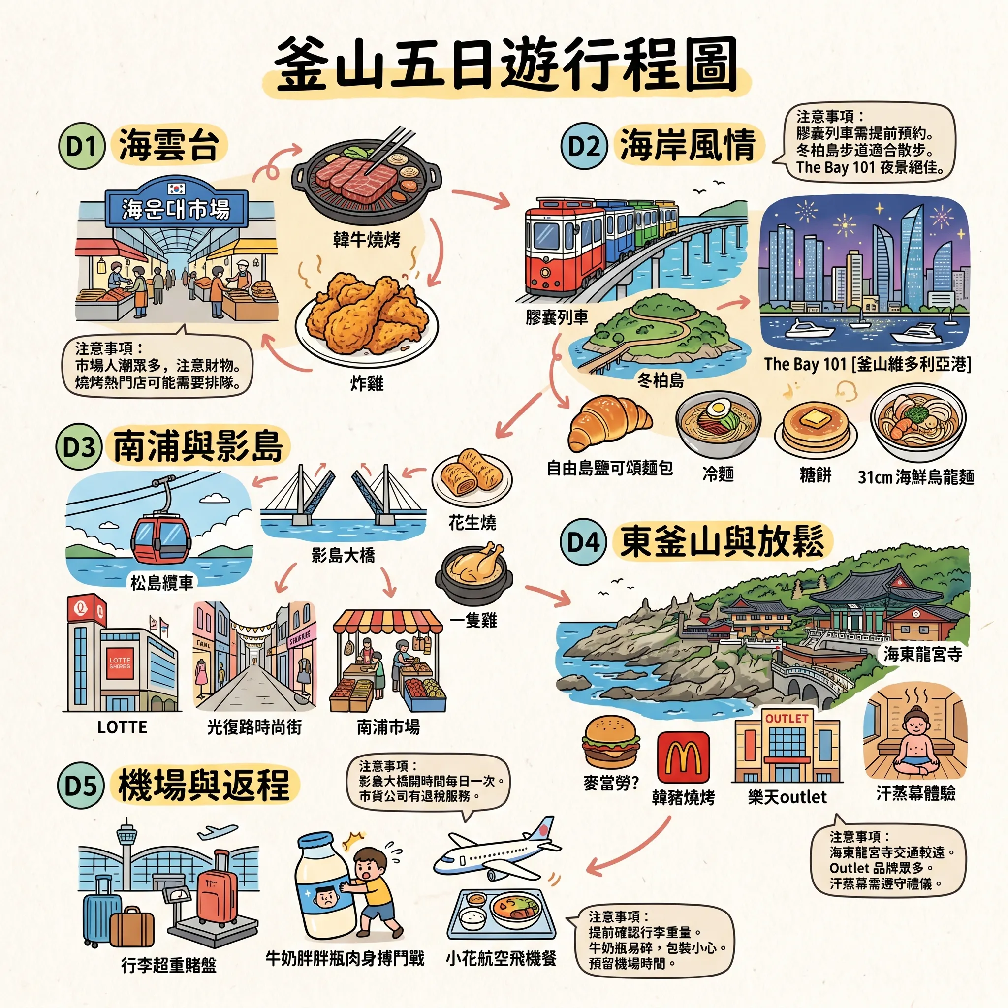 浪漫釜山:五日食旅手繪行程指南