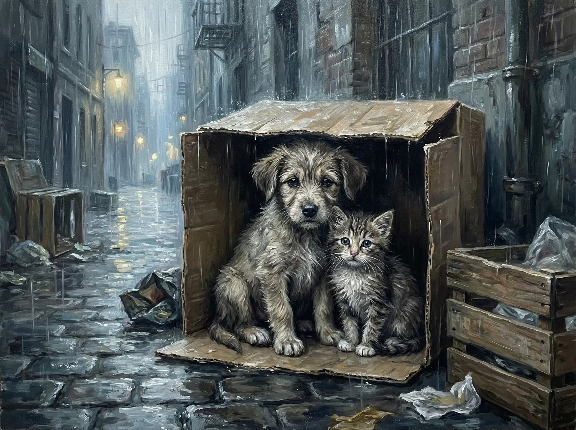 雨夜中的相依：幽暗巷弄裡的流浪夥伴