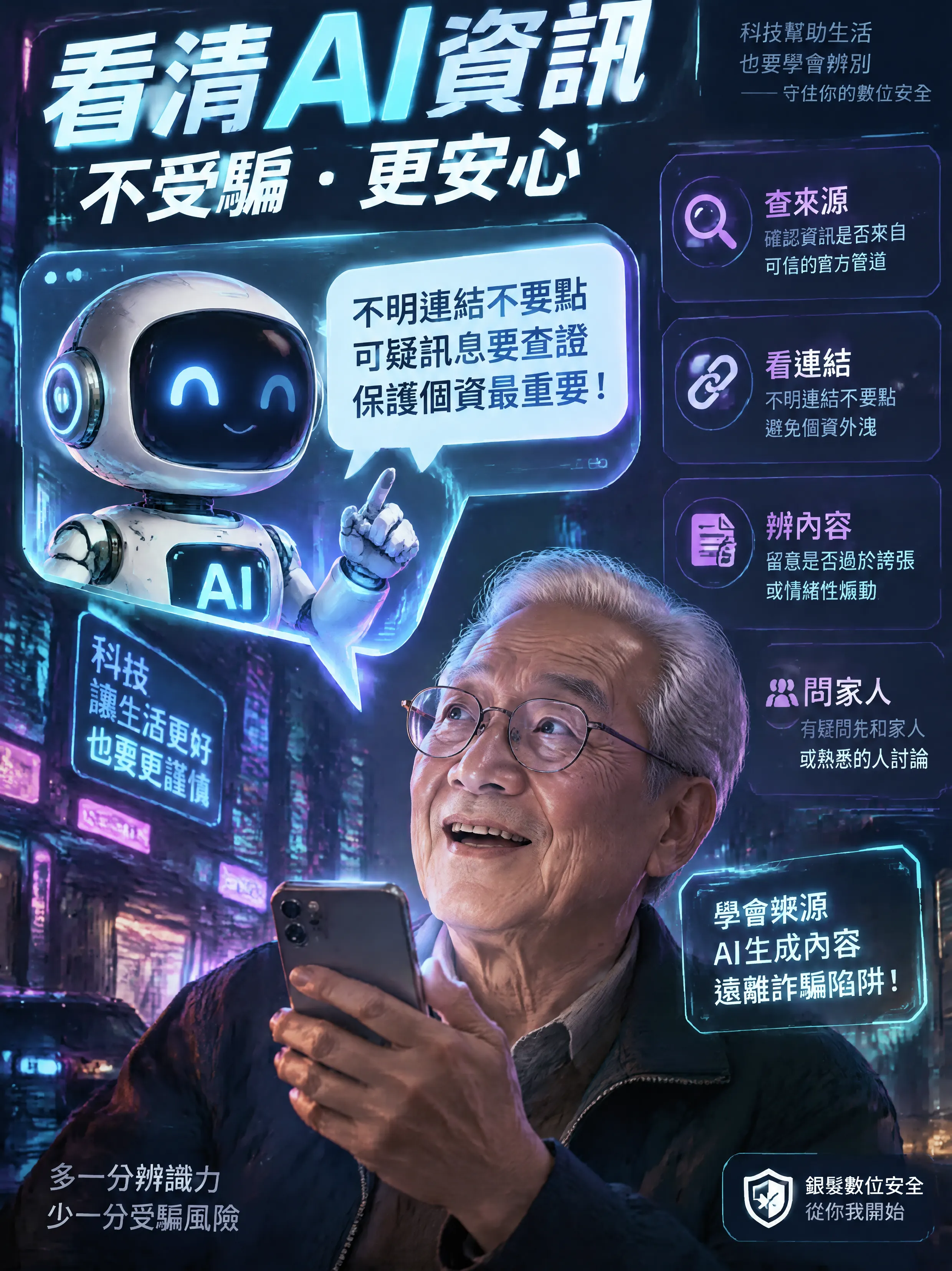 銀髮守護：賽博龐克風格AI資訊防詐海報/D