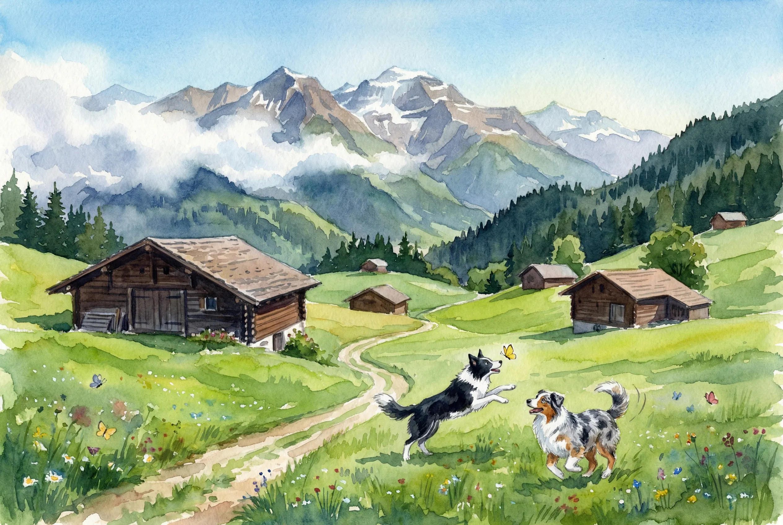 瑞士阿爾卑斯山的夏日牧歌:牧羊犬與蝴蝶的邂逅
