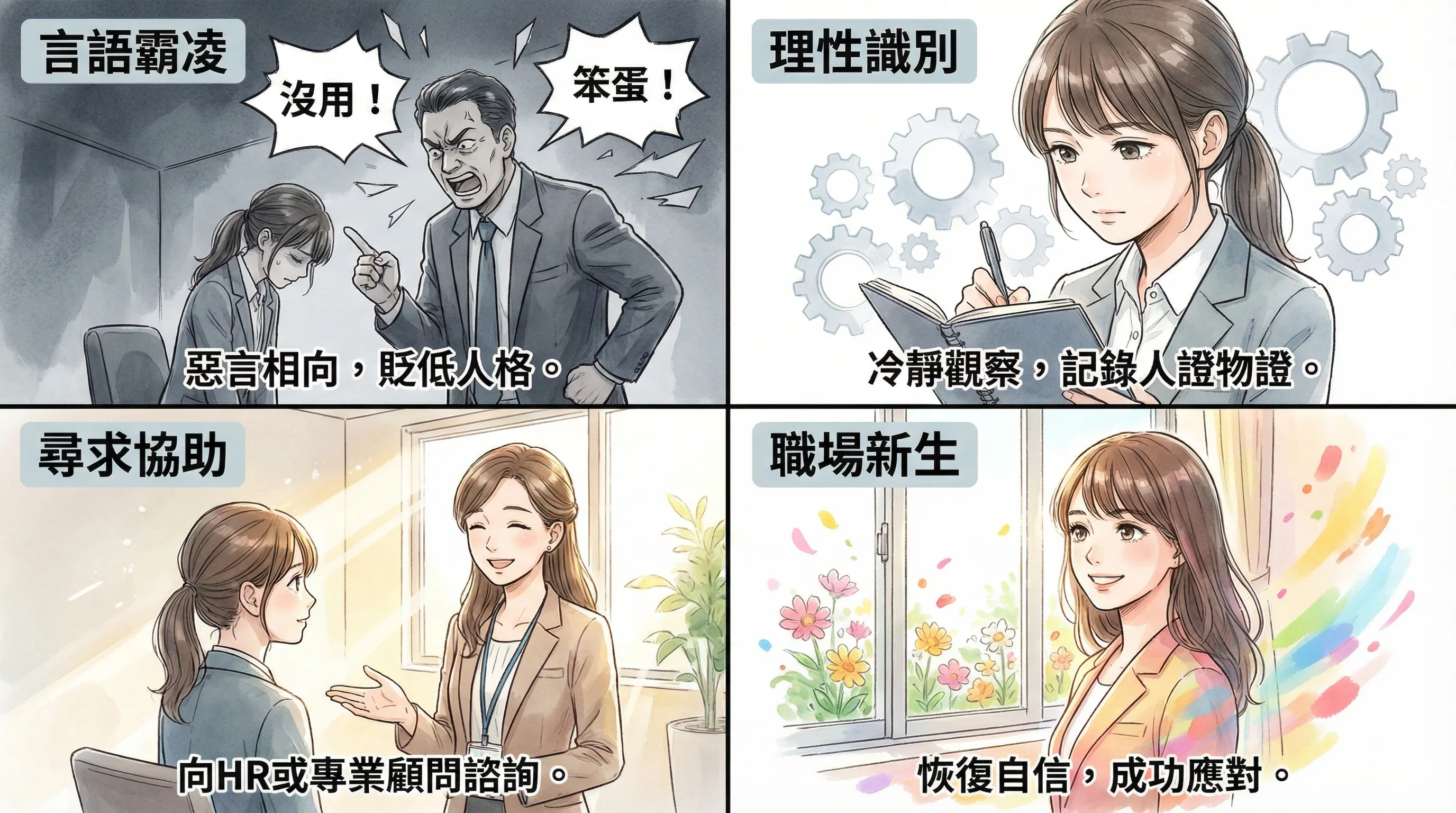 破曉重生:從職場霸凌到自我救贖的四格敘事