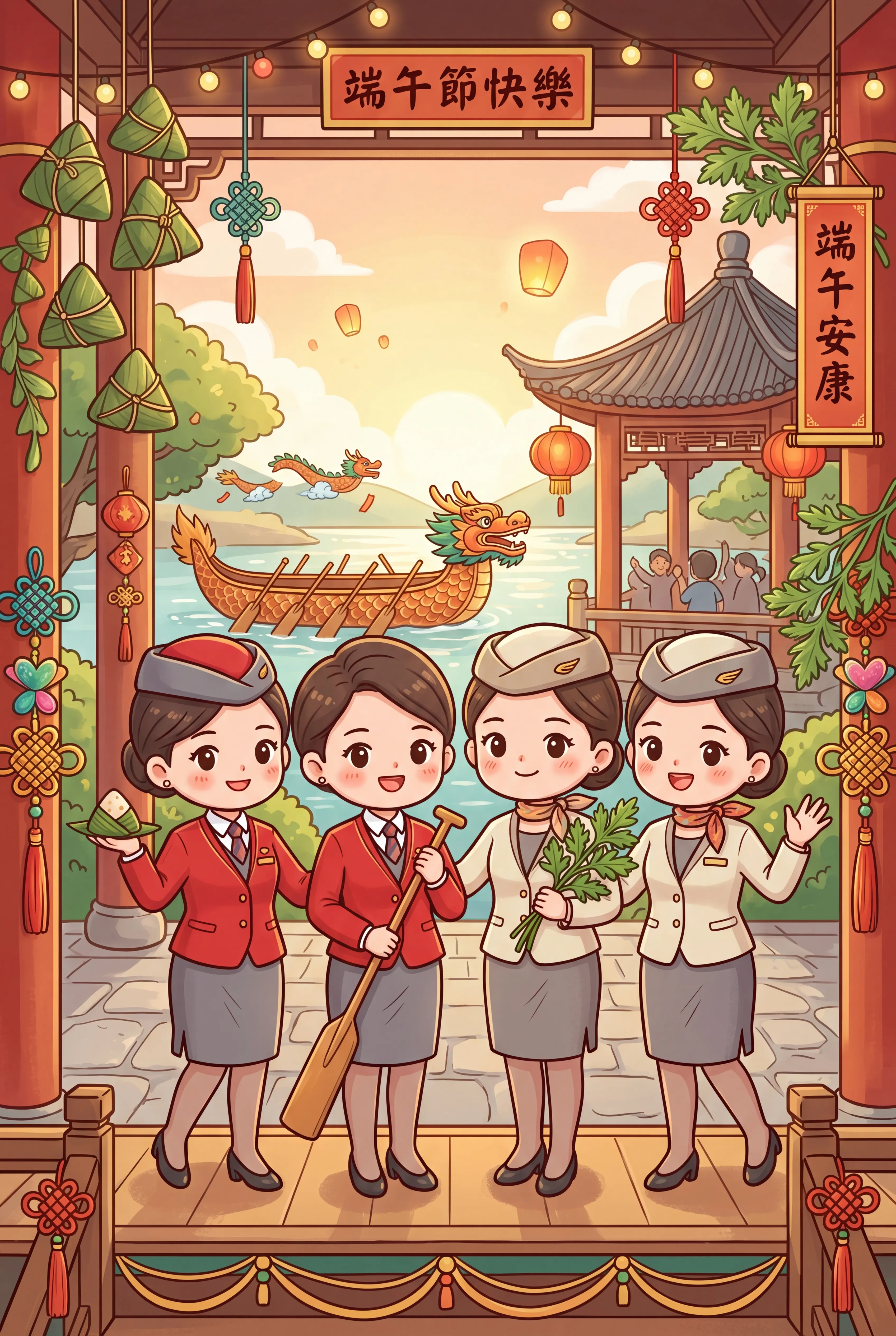 雲端佳節:Q版空服員的端午慶典插畫