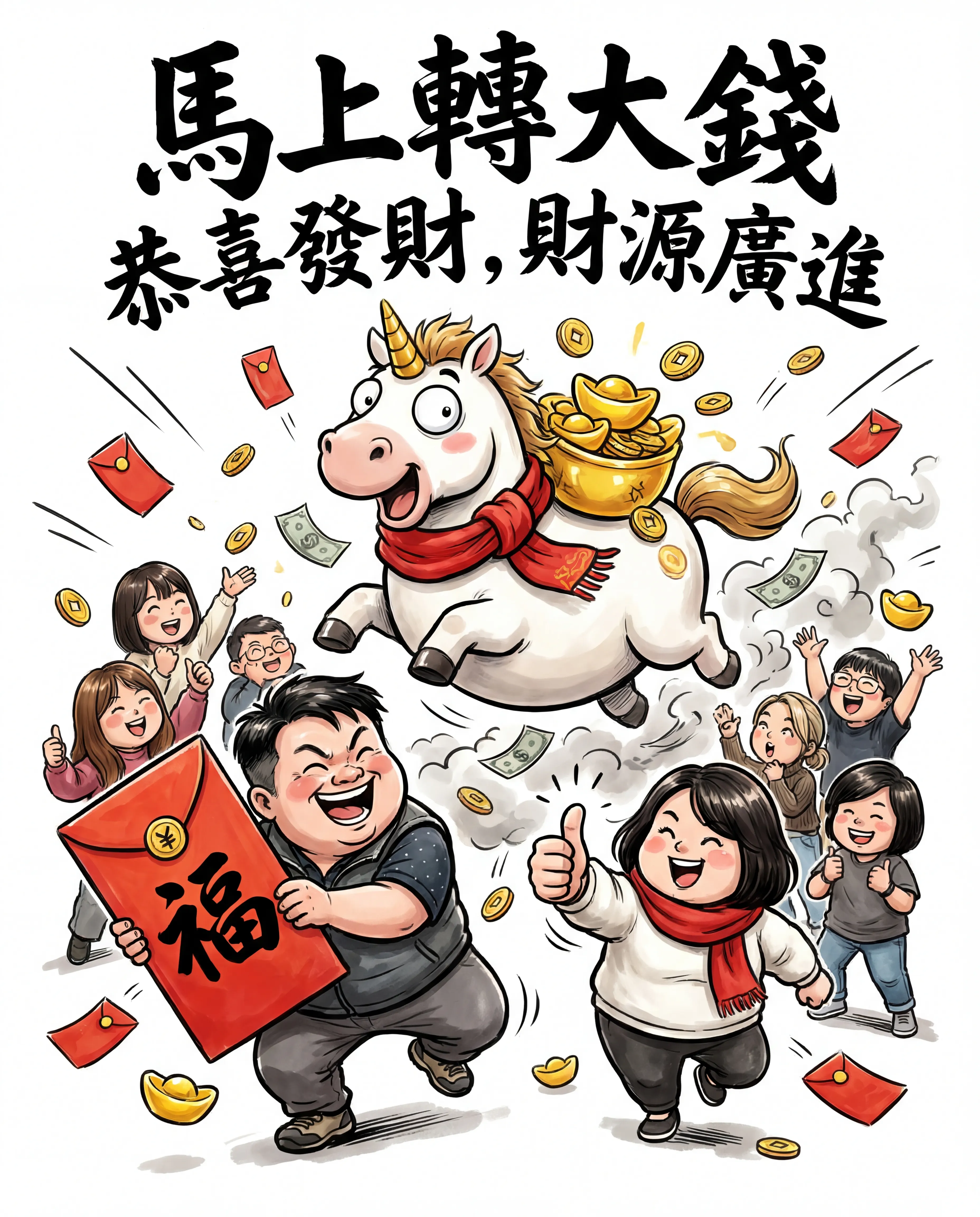 就情 Vs. YS 馬年大賺錢,恭喜發財 Q版可愛插畫
