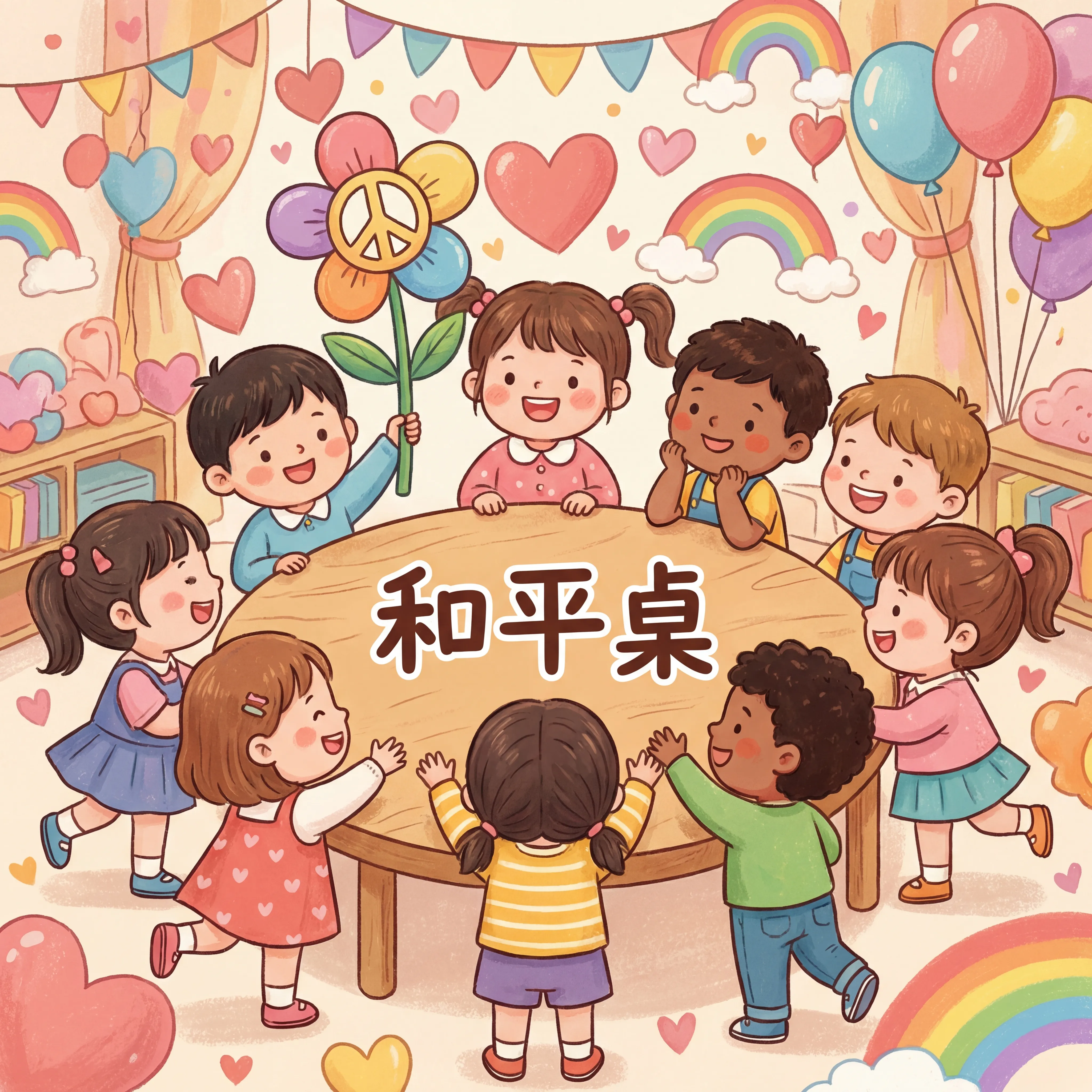 暖心和平桌:幼兒園和諧友誼海報