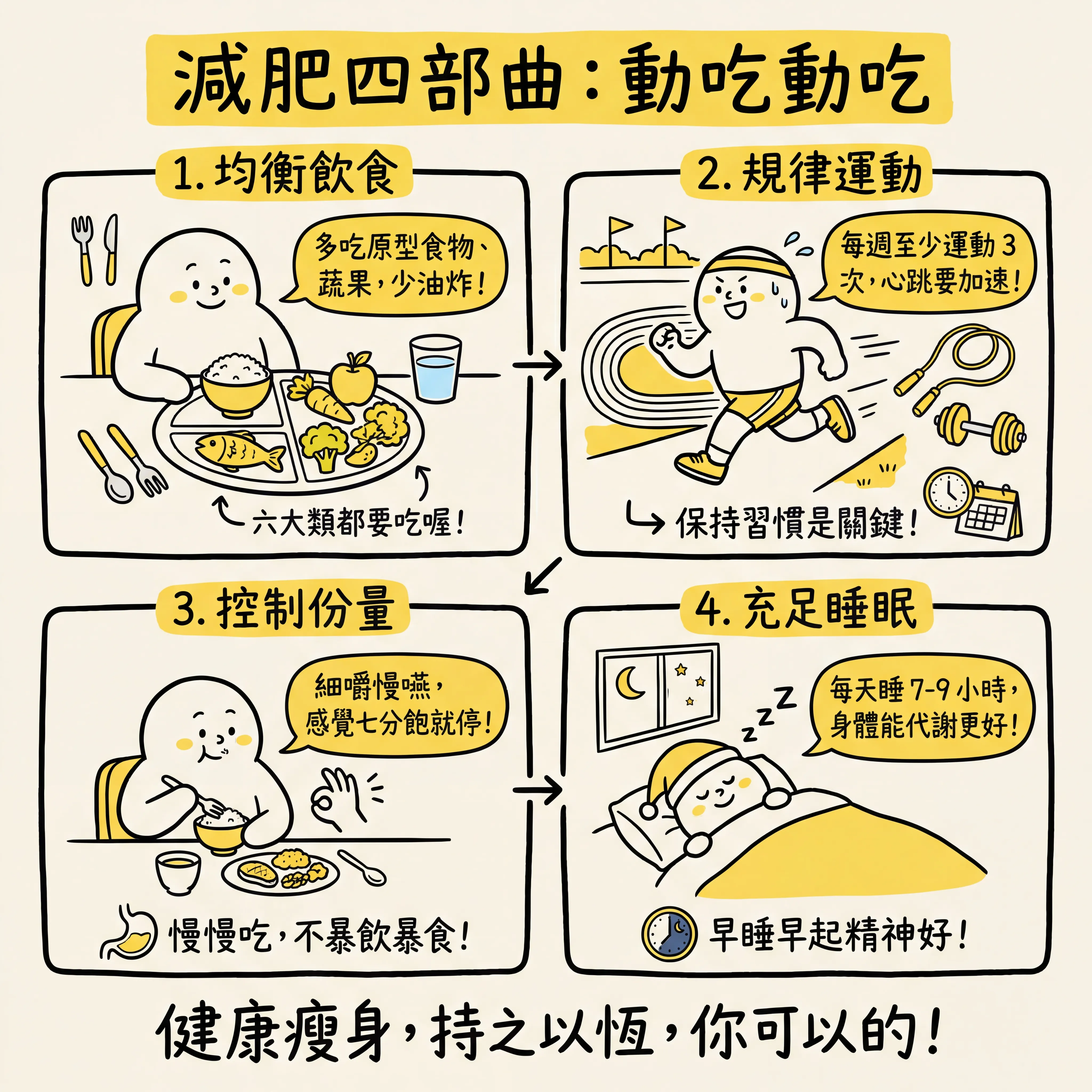 減肥四部曲:動吃動吃健康瘦身插畫