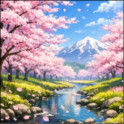 櫻花溪畔與富士山