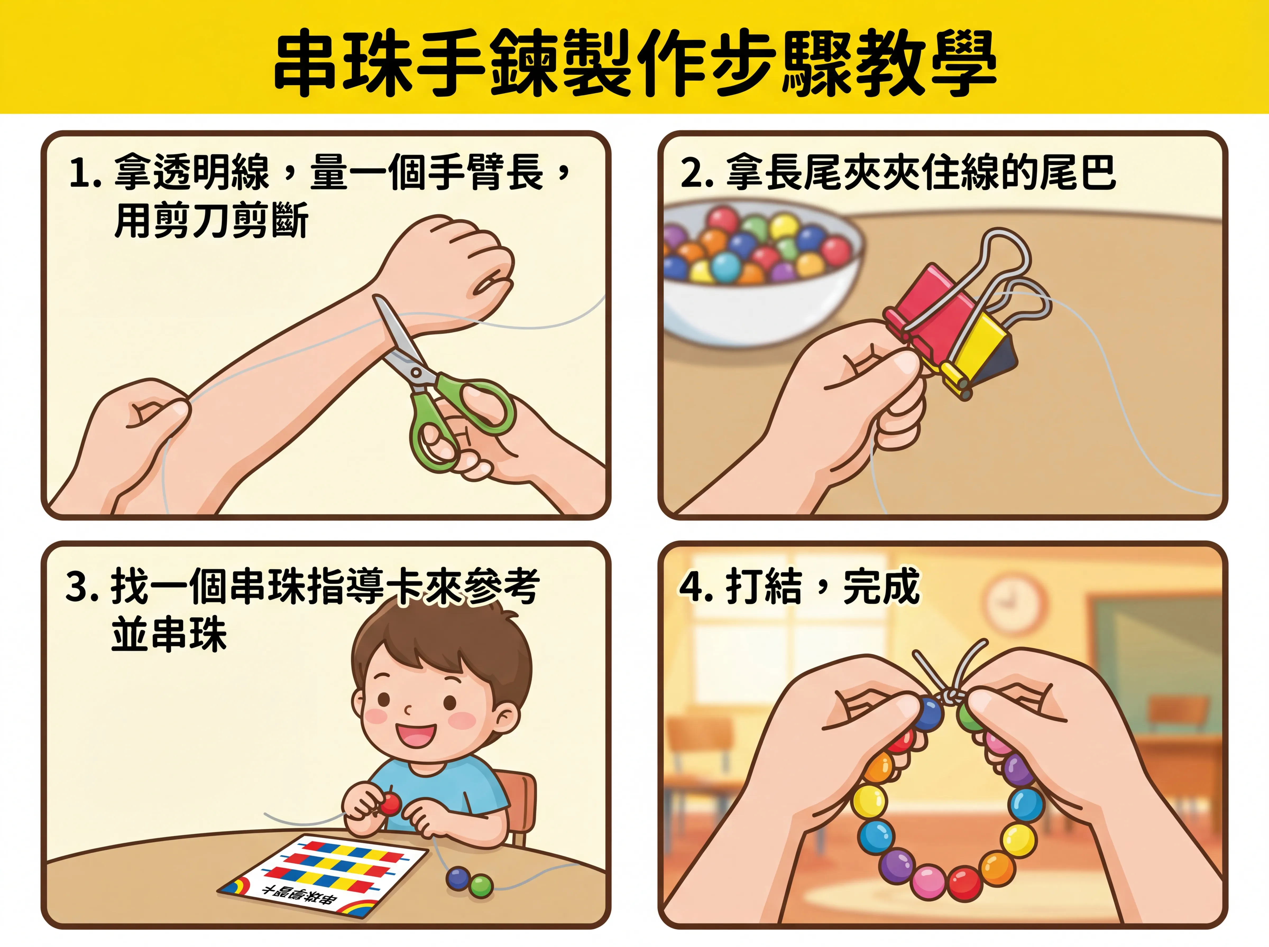 幼兒串珠手鍊製作:四步驟卡通教學海報